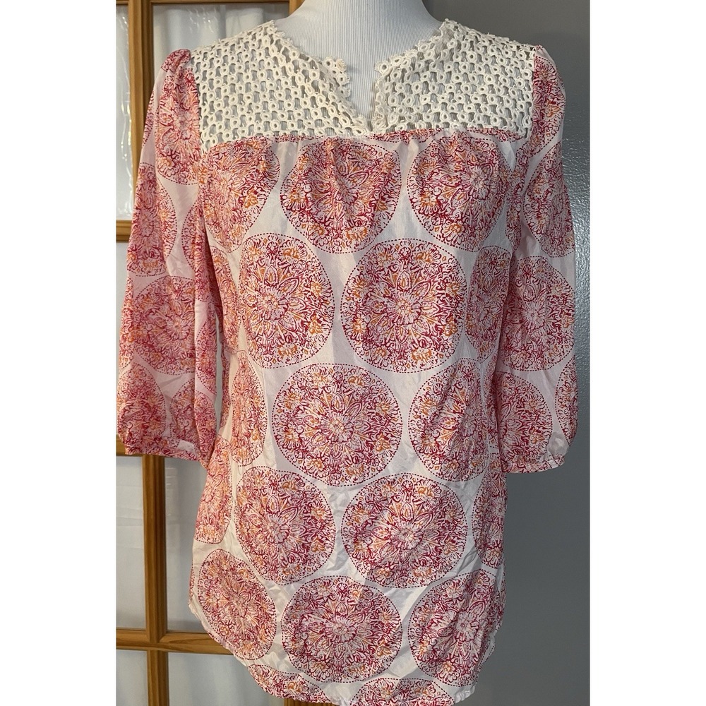 Calypso Saint Barth Silk Floral Blouse S Pink Embroidered Lace Trim Boho